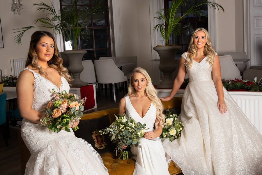 Three models wearing Alice Bridal Dresses stocked by Roberta's Bridal, Burslem