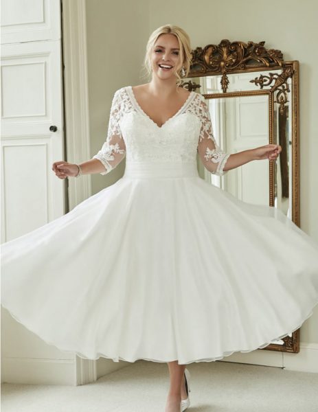 Model wears the Anna Sophie wedding gown by Romantica of Devon