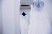 Reflection of a wedding dresses on display at Roberta's Bridal in Burslem, Stoke-on-Trent