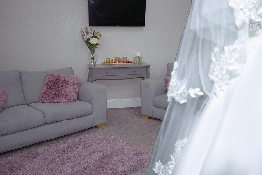 Seating area in the Bridal Dressing room in Roberta's Bridal in Burslem, Stoke-on-Trent