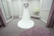 Wedding dresse and veil on display at Roberta's Bridal in Burslem, Stoke-on-Trent