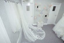 Changing room with a wedding dress and viel at Roberta's Bridal in Burslem, Stoke-on-Trent